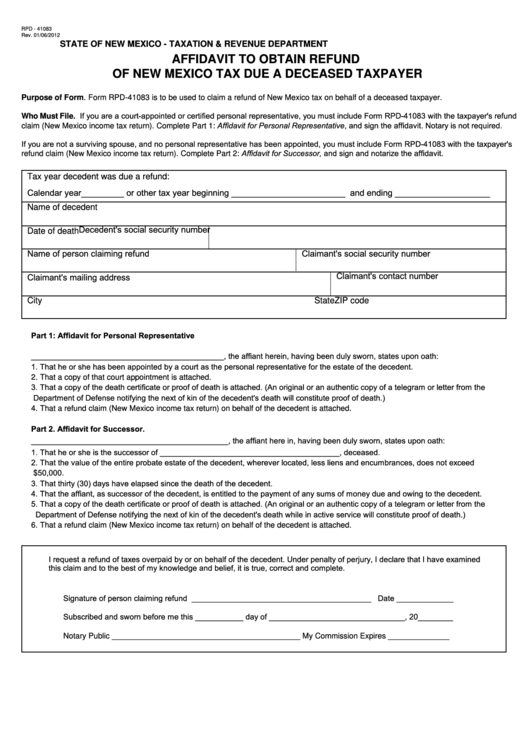 Form Rpd-41083 - Affidavit To Obtain Refund Of New Mexico Tax Due A Deceased Taxpayer - State Of New Mexico Taxation And Revenue Department Printable pdf