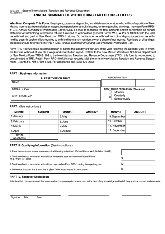 Form Rpd-41072 - Annual Summary Of Withholding Tax For Crs-1 Filers - State Of New Mexico Taxation And Revenue Department Printable pdf