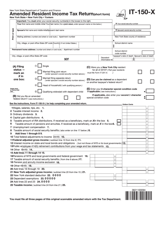 Fillable Form It-150-X - Amended Resident Income Tax Return (Short Form) - New York State Department Of Taxation And Finance - 2010 Printable pdf