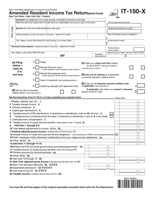 Fillable Form It 150 X Amended Resident Income Tax Return Short Form New York State