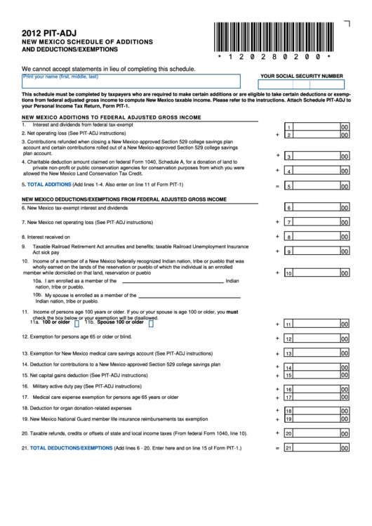 Form Pit-Adj - New Mexico Shedule Of Additions And Deductions/exemptions - 2012 Printable pdf