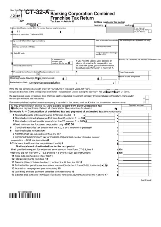Form Ct-32-A - Banking Corporation Combined Franchise Tax Return - New York State Department Of Taxation And Finance - 2012 Printable pdf