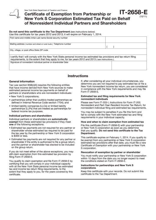 Fillable Form It-2658-E - Certificate Of Exemption From Partnership Or New York S Corporation Estimated Tax Paid On Behalf Of Nonresident Individual Partners And Shareholders Printable pdf