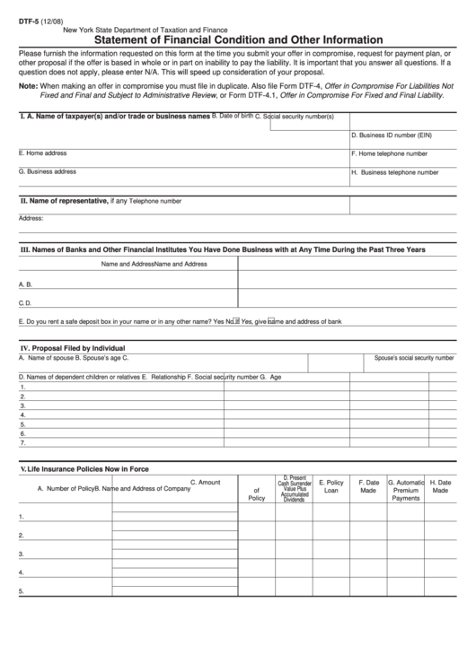 Form Dtf-5 - Statement Of Financial Condition And Other Information - New York State Department Of Taxation And Finance Printable pdf