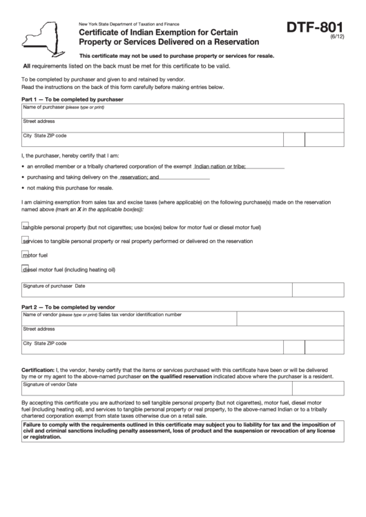 Form Dtf-801 - Certificate Of Indian Exemption For Certain Property Or Services Delivered On A Reservation - New York State Department Of Taxation And Finance Printable pdf