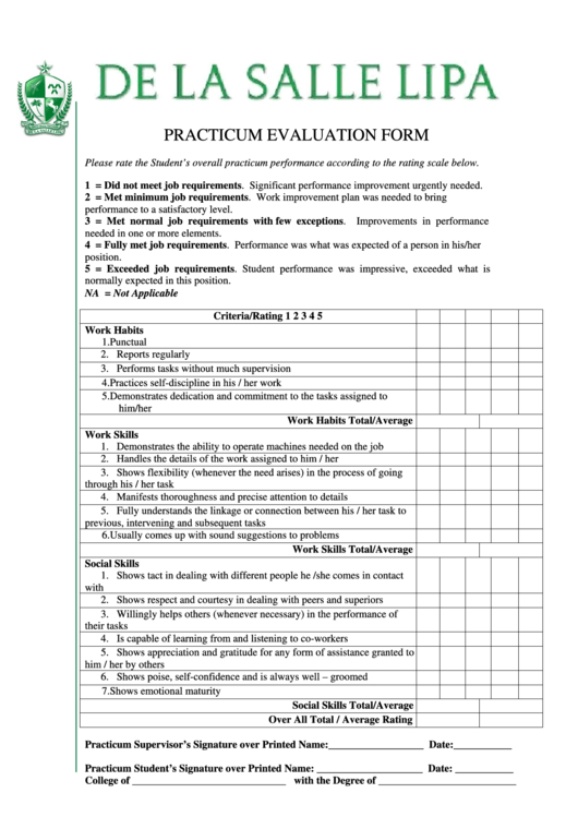 Practicum Evaluation Form Printable pdf