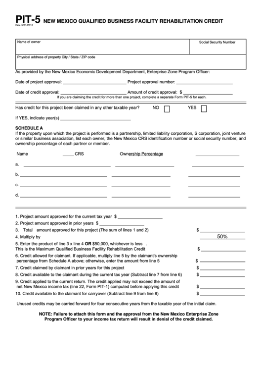 Form Pit-5 - New Mexico Qualified Business Facility Rehabilitation Credit Printable pdf