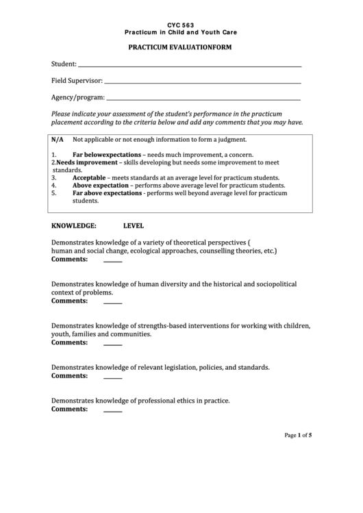 Fillable Form Cyc 563 - Practicum In Child And Youth Care - Practicum Evaluation Form Printable pdf