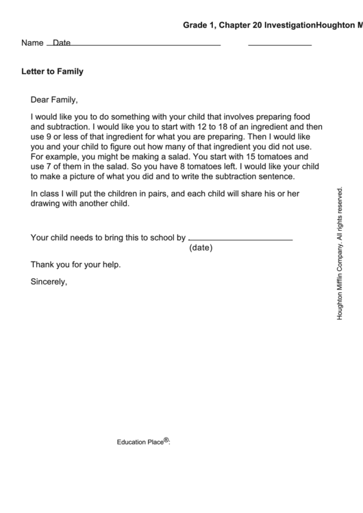 Letter To Family - Cooking Subtraction Printable pdf