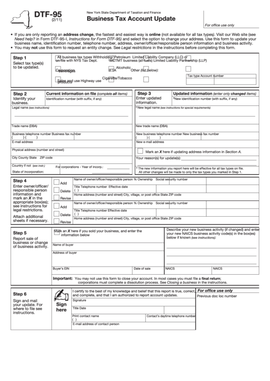Fillable Form Dtf-95 - Business Tax Account Update - New York State Department Of Taxation And Finance Printable pdf