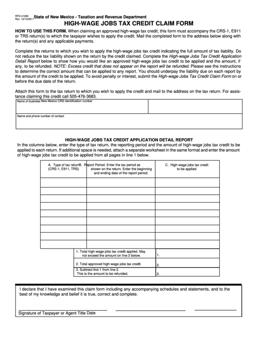 Form Rpd-41290 - High-Wage Jobs Tax Credit Claim Form - State Of New Mexico Taxation And Revenue Department Printable pdf