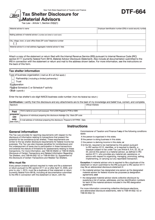 Form Dtf-664 - Tax Shelter Disclosure For Material Advisors - New York State Department Of Taxation And Finance - 2012 Printable pdf