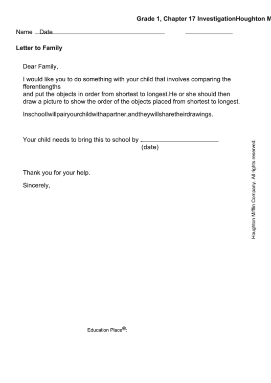 Letter To Family - Comparing Length Printable pdf