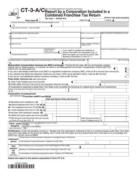 Form Ct-3-A/c - Report By A Corporation Included In A Combined Franchise Tax Return - New York State Department Of Taxation And Finance - 2012 Printable pdf