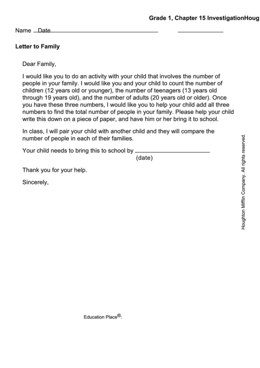 Letter To Family - Counting Family (1st Grade) Printable pdf