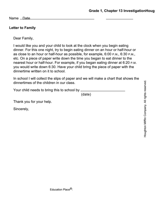 Letter To Family - Dinner Clock Printable pdf