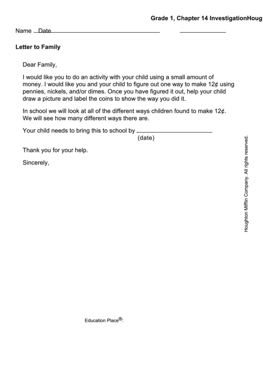 Letter To Family - Money Addition Printable pdf