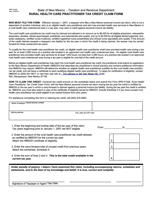Form Rpd-41326 - Rural Health Care Practitioner Tax Credit Claim Form - State Of New Mexico Taxation And Revenue Department Printable pdf