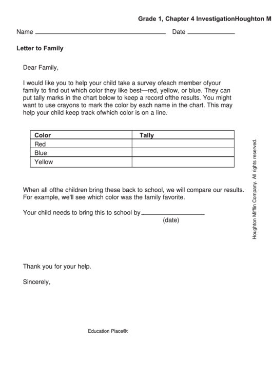 Letter To Family - Color Survey Printable pdf