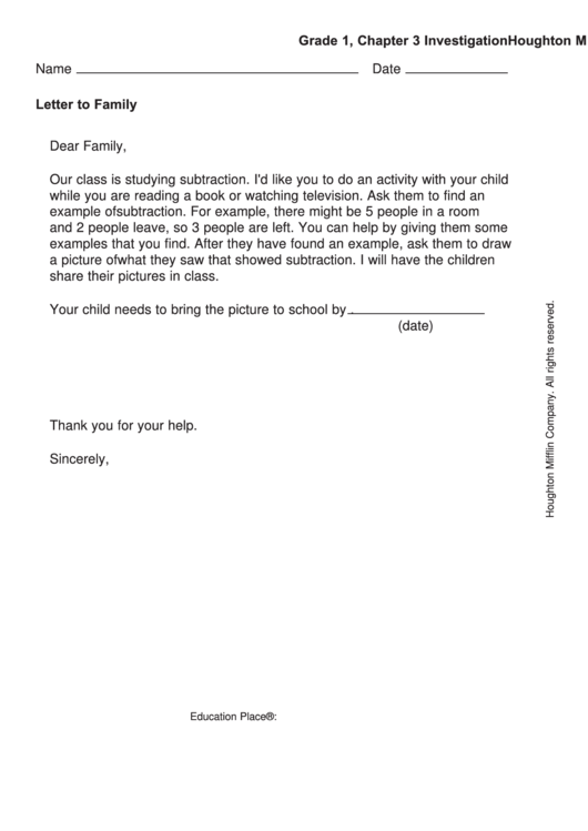 Letter To Family - Example Of Subtraction Printable pdf