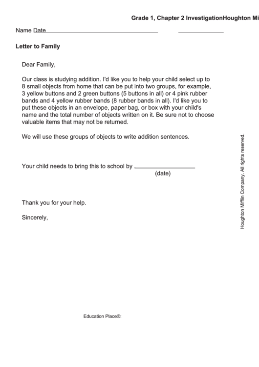 Letter To Family - Addition Sentences Printable pdf
