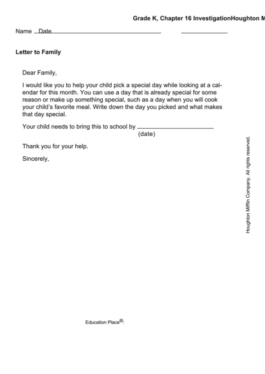 Letter To Family - Special Day Printable pdf