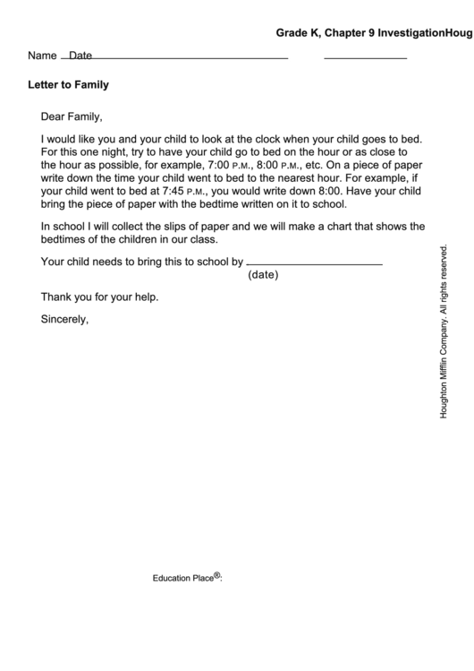 Letter To Family - Bedtime Clock Printable pdf