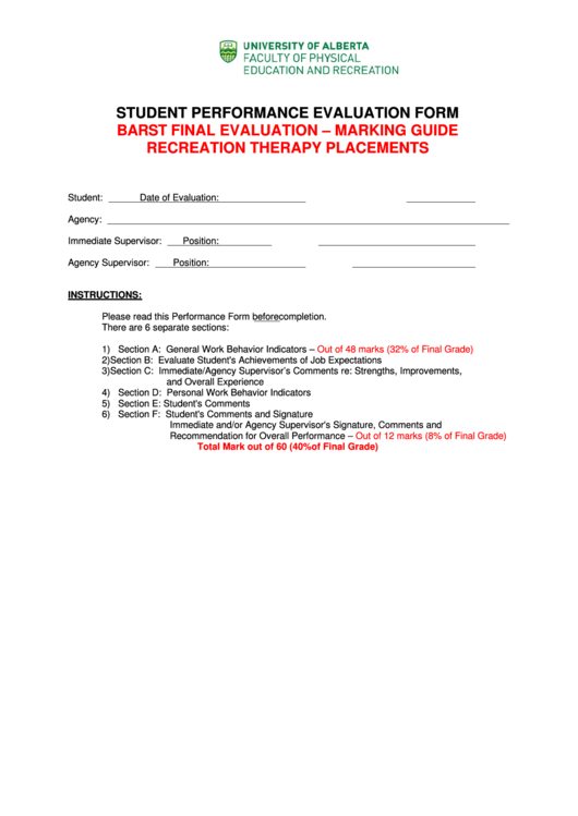 Student Performance Evaluation Form Printable pdf
