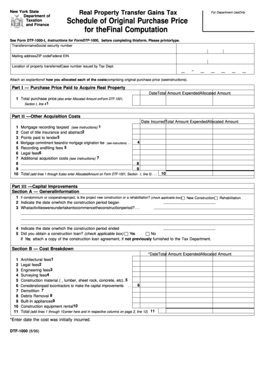 Form Dtf-1000 - Real Property Transfer Gains Tax Schedule Of Original Purchase Price For The Final Computation Printable pdf