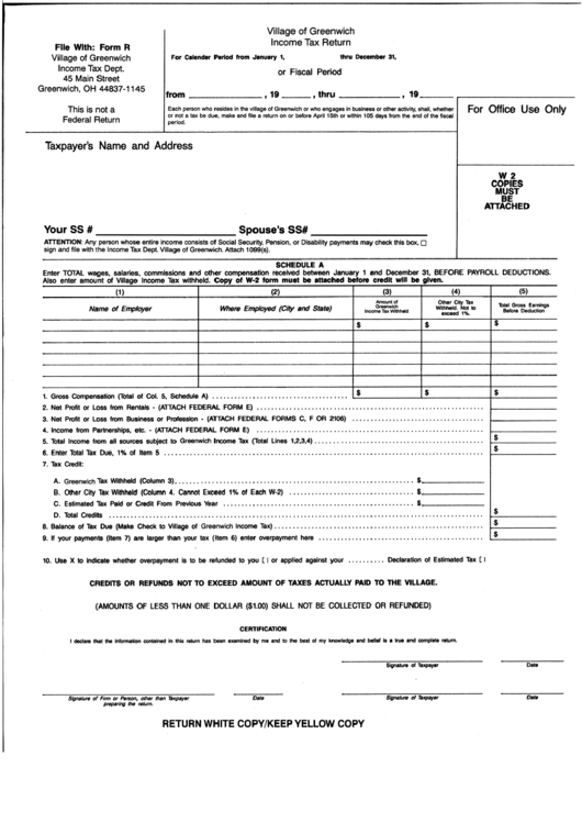 Income Tax Return - Village Of Greenwich Printable pdf