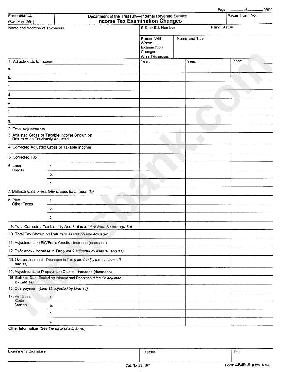 Form 4549 A Income Tax Examination Changes Printable Pdf Download