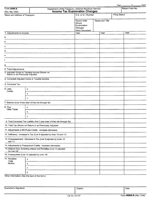 Form 4549-A - Income Tax Examination Changes Printable pdf