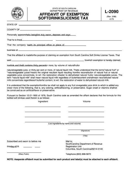 Form L-2090 - Affidavit Of Exemption Soft Drinks License Tax Printable pdf