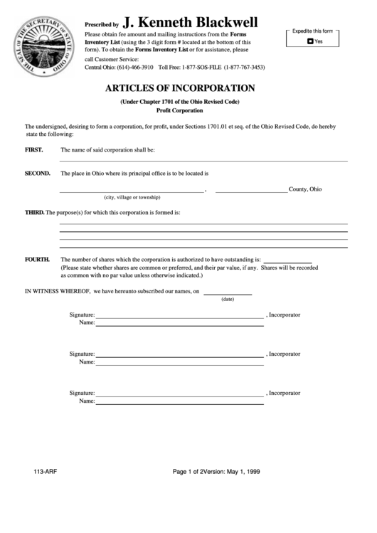 Form 113-Arf - Articles Of Incorporation - Ohio Secretary Of State Printable pdf