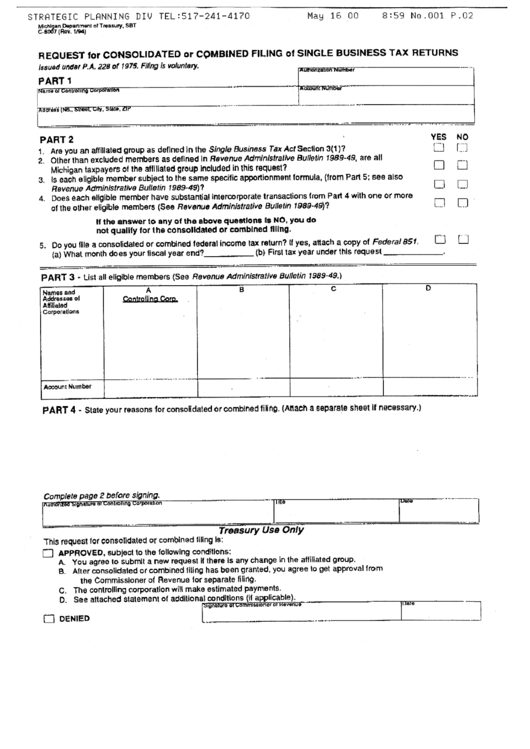 Form C-8007 - Request For Consolidated Or Combined Filing Of Single Business Tax Returns Printable pdf