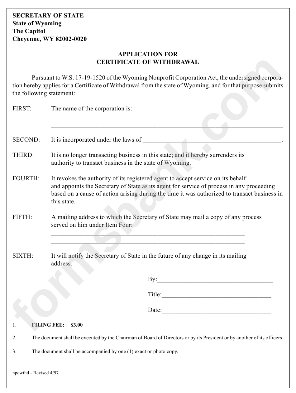 Form Application For Certificate Of Withdrawal - Wyoming Secretary Of State