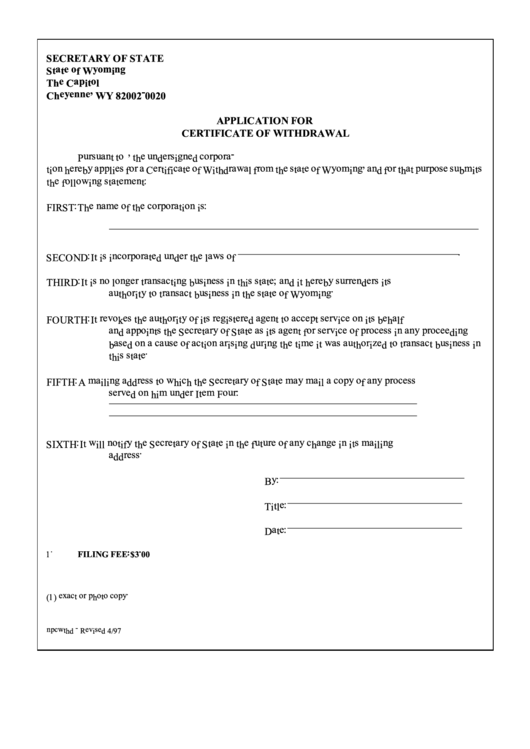Form Application For Certificate Of Withdrawal - Wyoming Secretary Of State Printable pdf