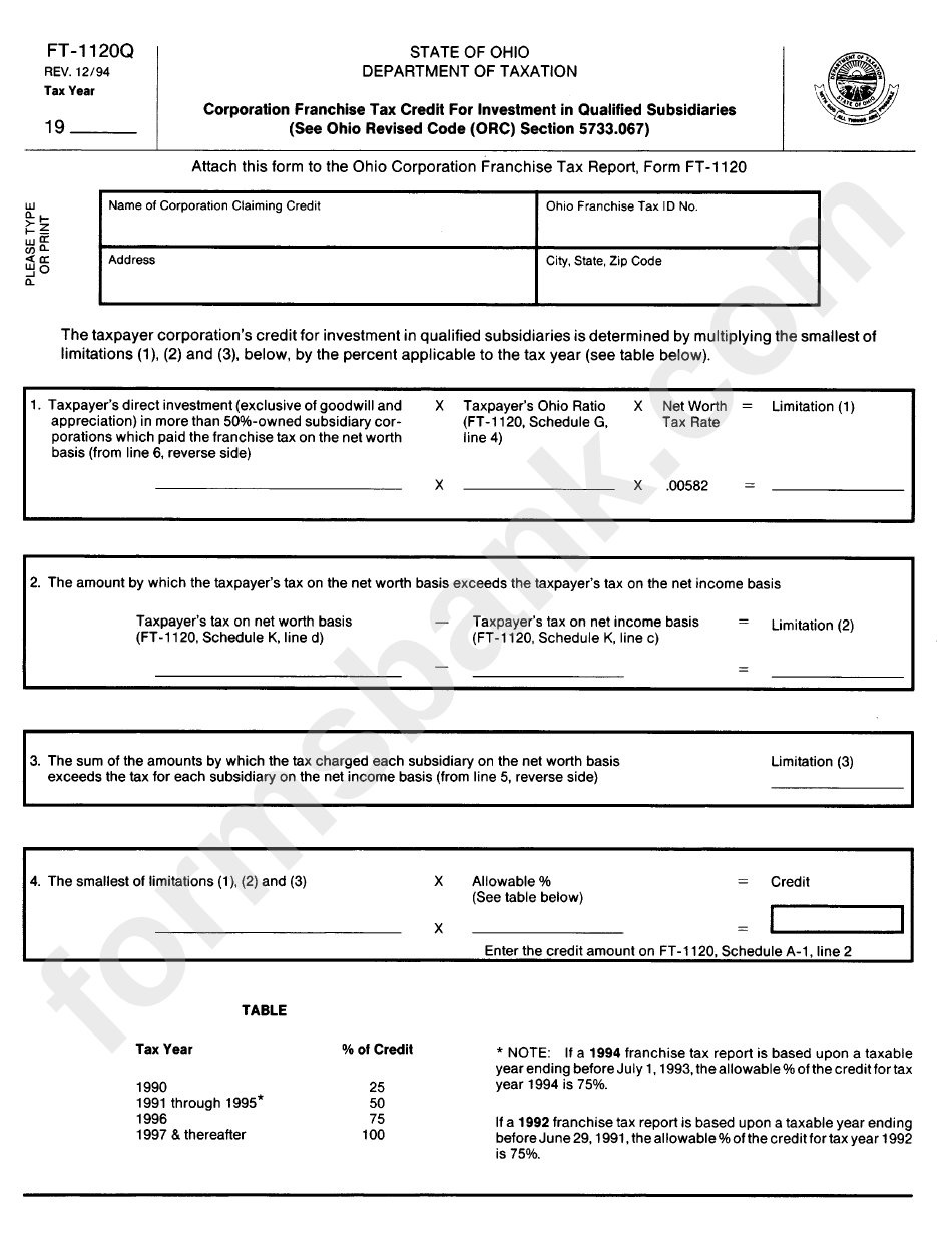 Form Ft-1120q - Corporation Franchise Tax Credit For Investment In Qualified Subsidiaries