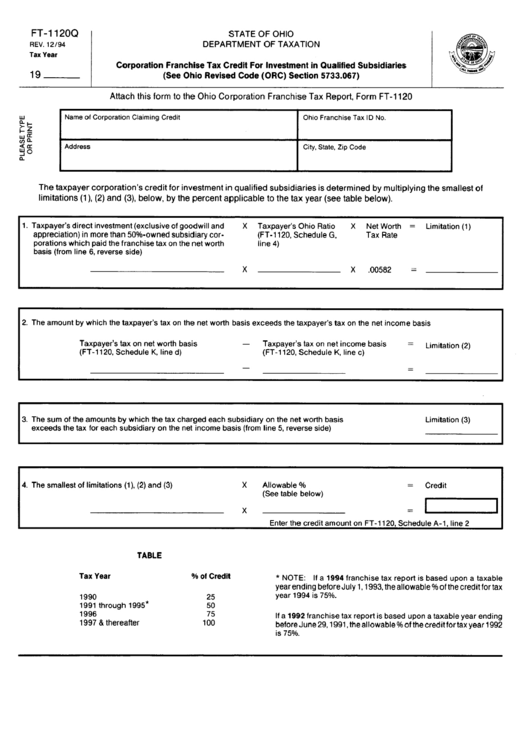 Fillable Form Ft-1120q - Corporation Franchise Tax Credit For Investment In Qualified Subsidiaries Printable pdf