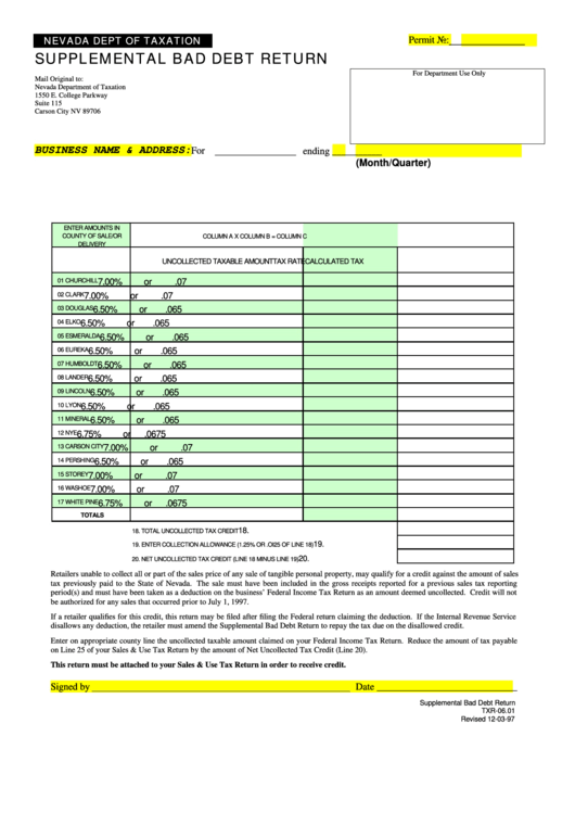 Fillable Form Txr-06.01 - Supplemental Bad Debt Return - Nevada Dept Of Taxation Printable pdf