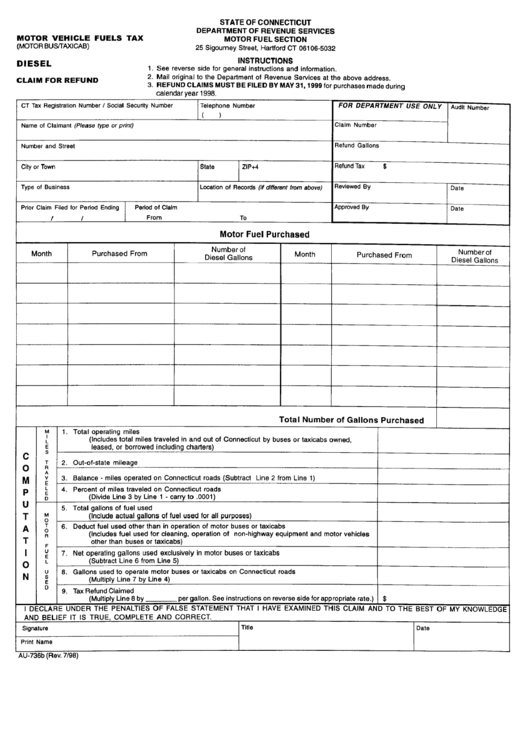 Fillable Form Au-736b - Motor Vehicle Fuels Tax (Motor Bus/taxicab) - Diesel - Claim For Refund Printable pdf
