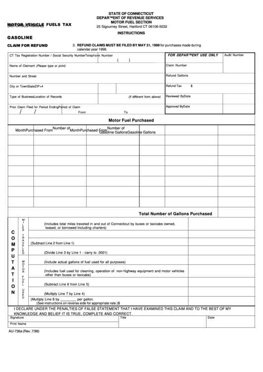 Fillable Form Au-736a - Motor Vehicle Fuels Tax (Motor Bus/taxicab) - Gasoline - Claim For Refund Printable pdf