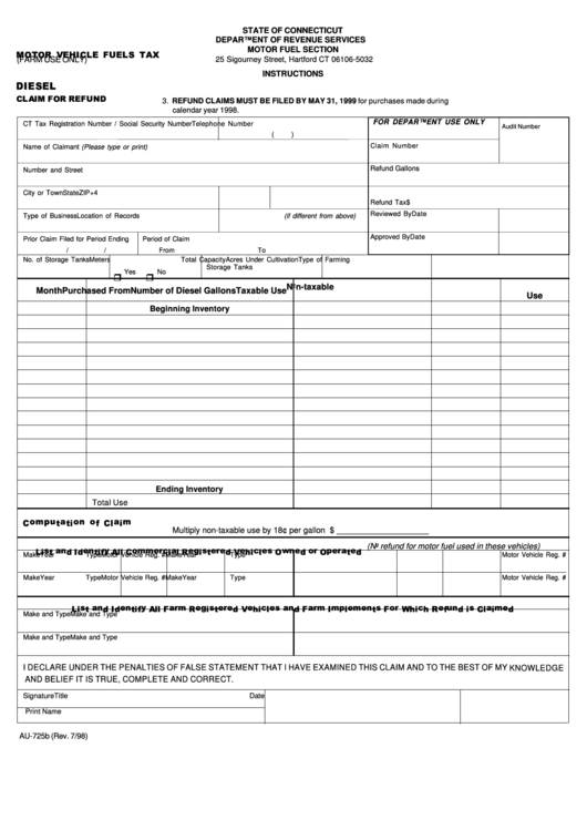 Fillable Form Au-725b - Motor Vehicle Fuels Tax (Farm Use Only) - Diesel - Claim For Refund Printable pdf