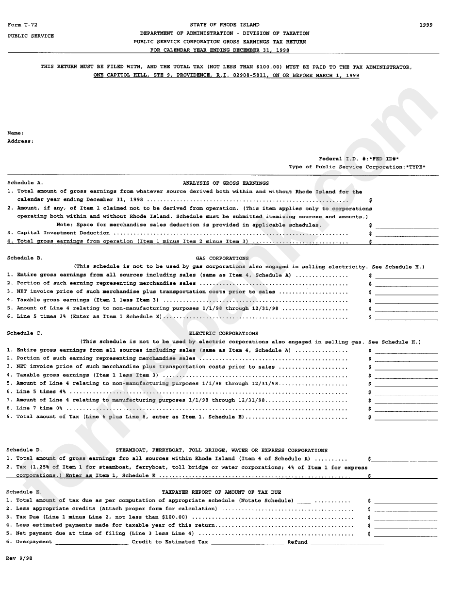 Form T-72 - Public Service Corporation Gross Earnings Tax Return - 1999