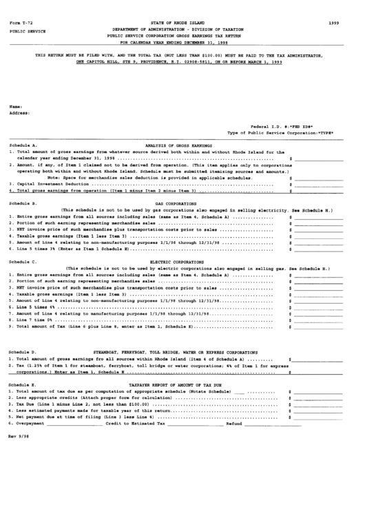Fillable Form T-72 - Public Service Corporation Gross Earnings Tax Return - 1999 Printable pdf