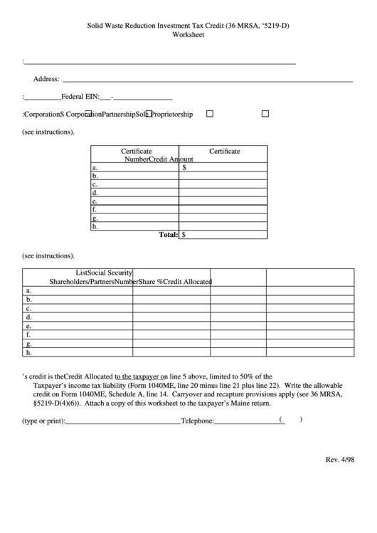 Fillable Solid Waste Reduction Investment Tax Credit Worksheet Printable pdf