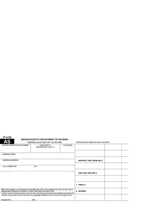 Fillable Form St-9-Am - Amended Sales And Use Tax Return - Massachusetts Department Of Revenue Printable pdf