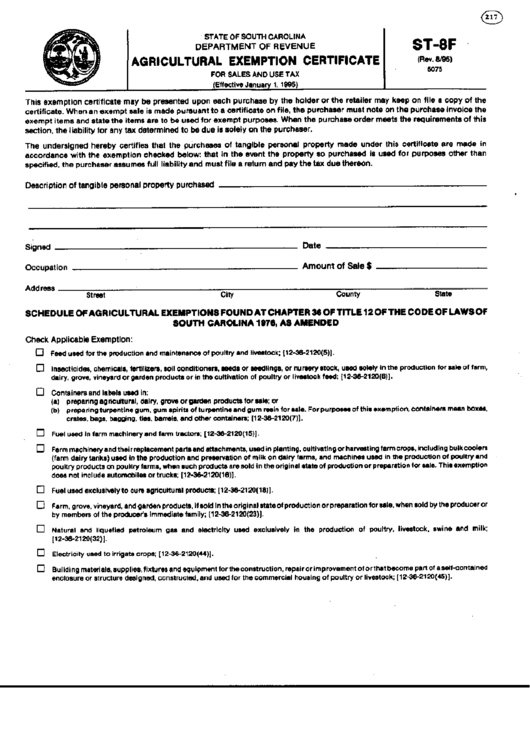 Fillable Form St-8f - Agricultural Exemption Certificate Printable pdf