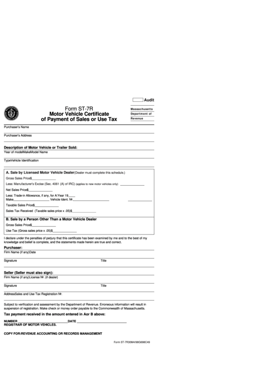 Fillable Form St-7r - Motor Vehicle Certificate Of Payment Of Sales Or Use Tax - Massachusetts Department Of Revenue Printable pdf