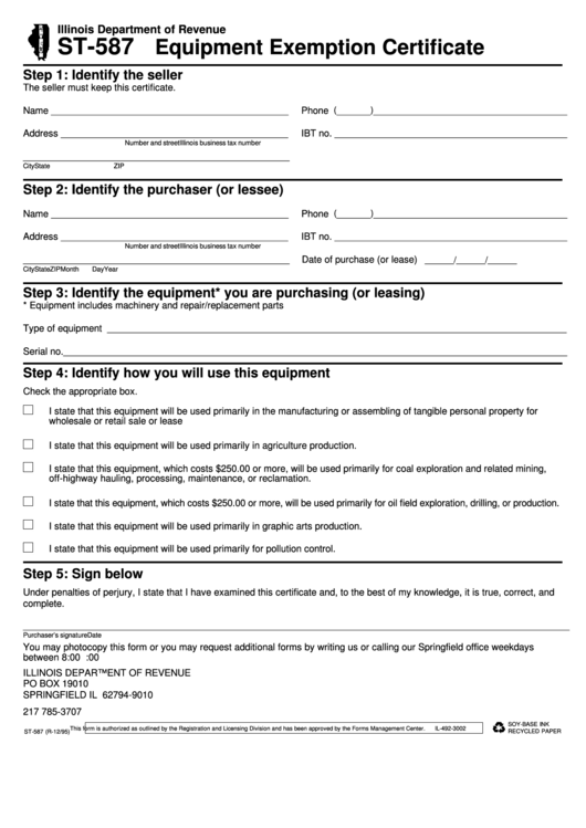 Fillable Form St-587 - Equipment Exemption Certificate Printable pdf